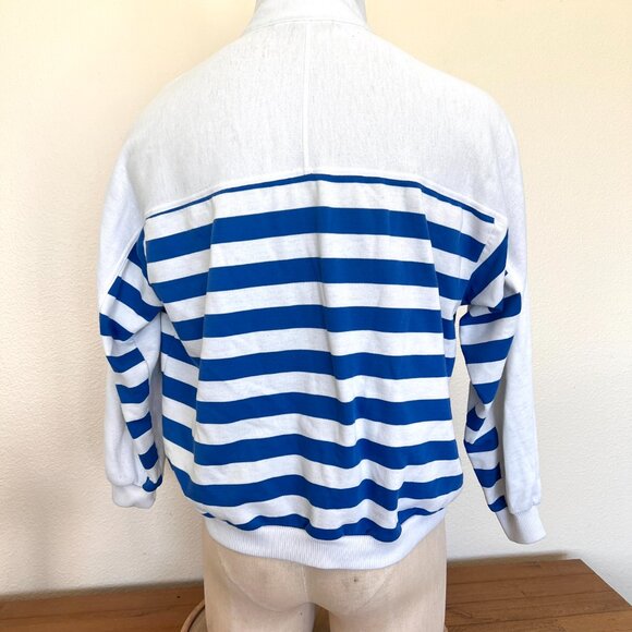 80's Trader Bay Sweatshirt - Polo Pullover - Striped - Blue & White - Size XL - Picture 6 of 7